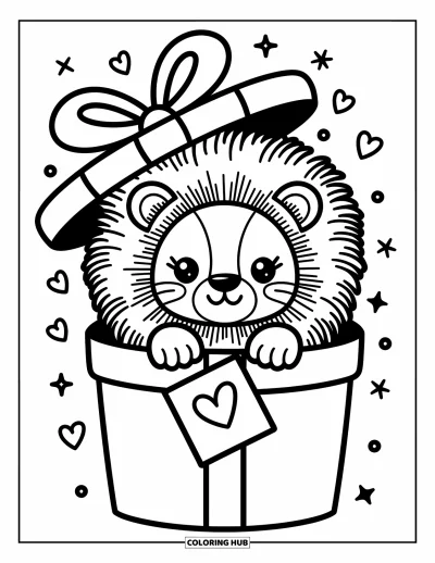Coloriage de lion pour adultes : Un lion avec un grand ruban aux oreilles apparaît d’une boîte cadeau pendant que des confettis tourbillonnent autour