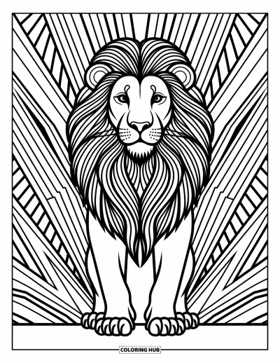 Coloriage de lion pour adultes : Un lion à la crinière symétrique détaillée est entouré de motifs géométriques élégants et d’inspiration tribale