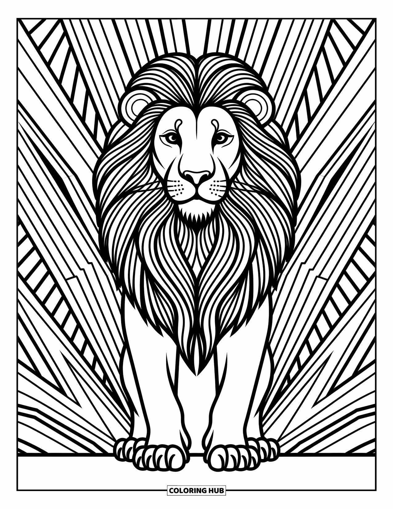 Lion Coloring Page for Adults: A lion with a detailed, symmetrical mane is surrounded by elegant geometric and tribal-inspired patterns