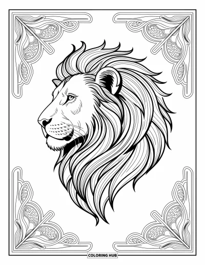 Coloriage de lion pour adultes : Un lion à la crinière en filigrane apparaît entouré de lianes tourbillonnantes et de formes géométriques