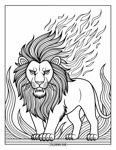 Coloriage de lion pour adultes : Un lion à la crinière fluide comme le feu se dresse devant un fond artistique complexe
