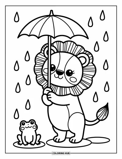 Coloriage de lion pour adultes : Un lion à la crinière duveteuse se tient sous la pluie, tenant un parapluie en feuille près d’une petite grenouille