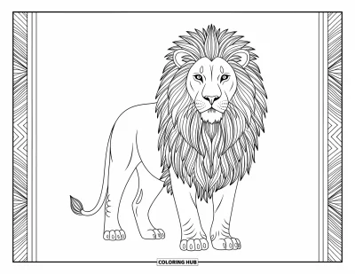 Coloriage de lion pour adultes : Un lion à la crinière de plumes finement détaillées exprime puissance et grâce