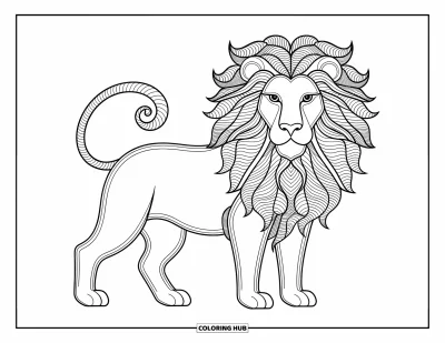 Coloriage de lion pour adultes : Un lion à la crinière ornée de motifs est entouré de détails fins et artistiques