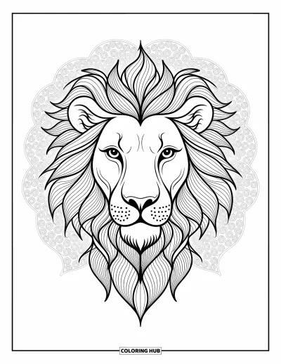 Coloriage de lion pour adultes : Une tête de lion ornée de motifs mandala tourbillonnants crée un design fascinant et artistique