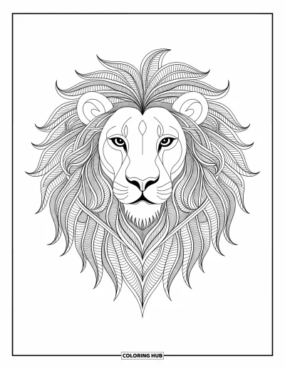 Coloriage de lion pour adultes : Le regard intense d’un lion est mis en valeur par des motifs entrelacés tourbillonnants dans une composition saisissante