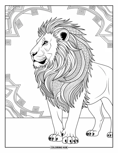 Coloriage de lion pour adultes : Un lion majestueux de profil, à la crinière tissée de motifs abstraits, rayonne de grâce et de raffinement