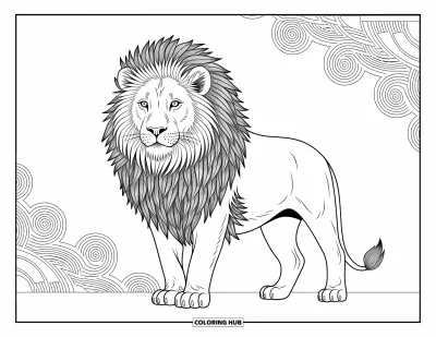 Coloriage de lion pour adultes : Un lion majestueux se tient fièrement, sa crinière faite de plumes superposées formant des motifs élaborés
