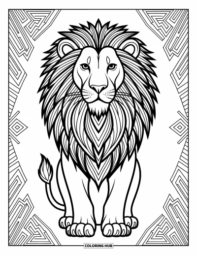 Coloriage de lion pour adultes : Un lion majestueux se tient fièrement, sa crinière symétrique ondulant en motifs art déco et tribaux raffinés