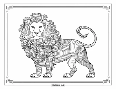 Coloriage de lion pour adultes : Un lion majestueux se dresse, sa crinière tourbillonnante remplie de motifs détaillés et captivants