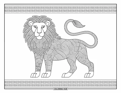 Coloriage de lion pour adultes : Un lion majestueux aux motifs entrelacés sur le corps se tient dans une pose à la fois gracieuse et puissante