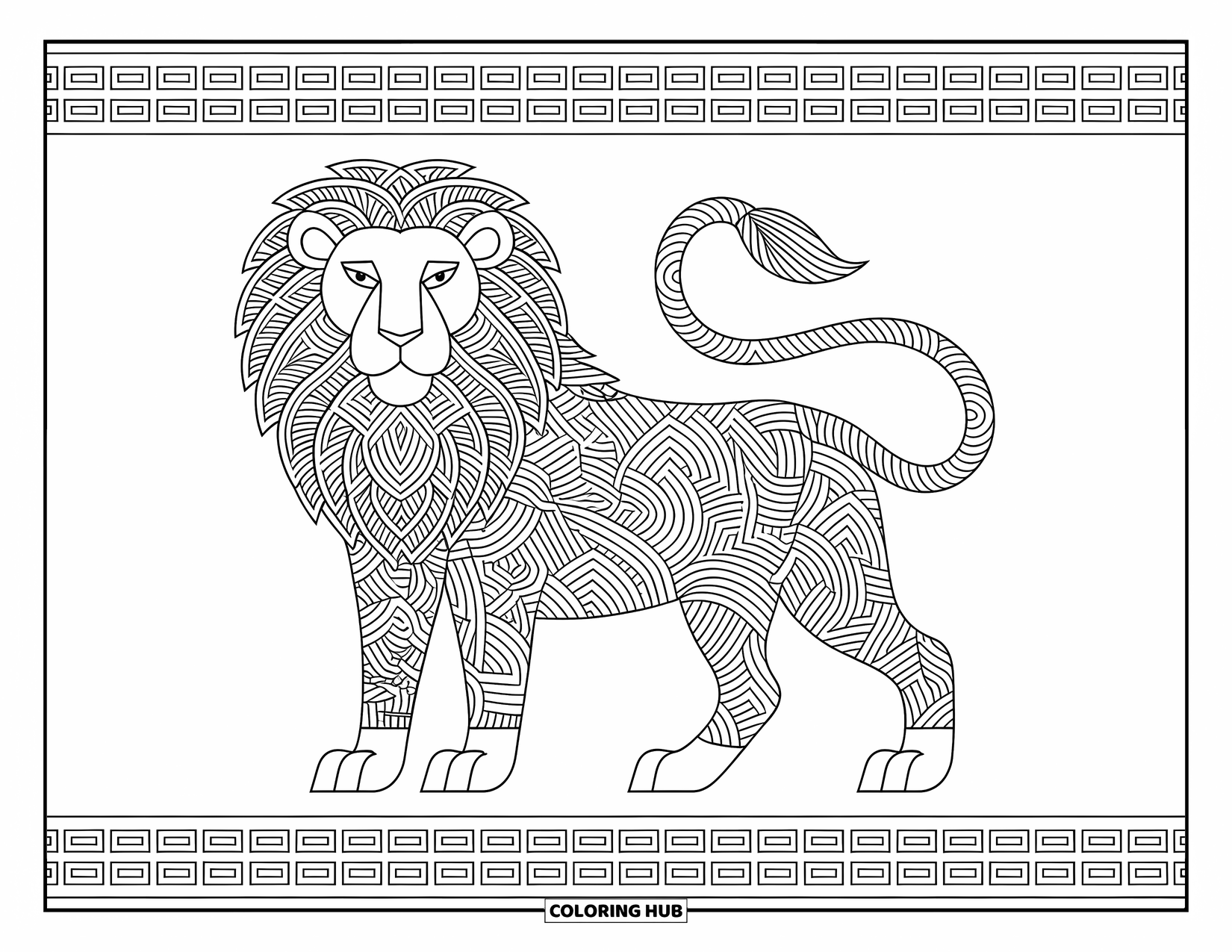Lion Coloring Page for Adults: A majestic lion with interwoven patterns across its body stands in a graceful and powerful pose