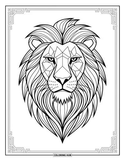 Coloriage de lion pour adultes : Le visage majestueux d’un lion, orné de détails géométriques, rayonne de force et de beauté