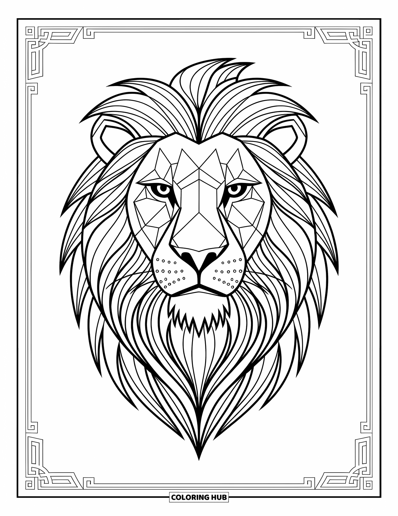 Lion Coloring Page for Adults: A majestic lion's face, adorned with geometric details, radiates strength and beauty