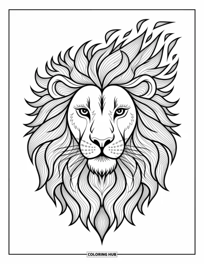 Coloriage de lion pour adultes : La crinière flamboyante d’un lion majestueux ondule en motifs dynamiques pleins d’énergie