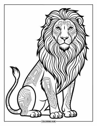 Coloriage de lion pour adultes : Un lion noble aux marquages tribaux détaillés se tient droit, dégageant force et élégance