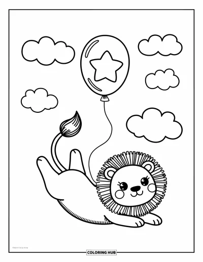 Coloriage de lion pour adultes : Un lion joueur s’étire vers un petit ballon étoilé, sa queue duveteuse se recourbant d’excitation