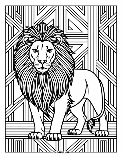 Coloriage de lion pour adultes : Un lion puissant à la crinière minutieusement dessinée se tient devant un fond d’éléments artistiques tourbillonnants
