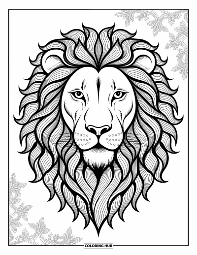 Coloriage de lion pour adultes : Le visage puissant d’un lion mêle des motifs inspirés des mandalas à des lignes artistiques fluides