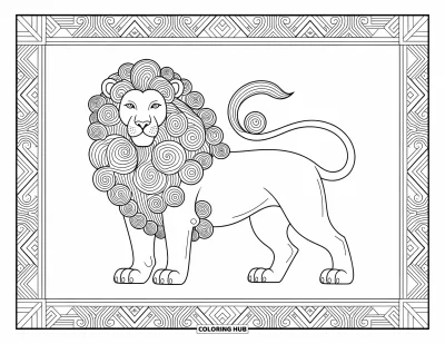 Coloriage de lion pour adultes : Un lion fier se tient avec grâce, sa crinière formant de délicates vagues et spirales