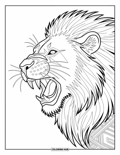 Coloriage de lion pour adultes : Un lion fier à la crinière détaillée et ornementale est entouré de motifs artistiques