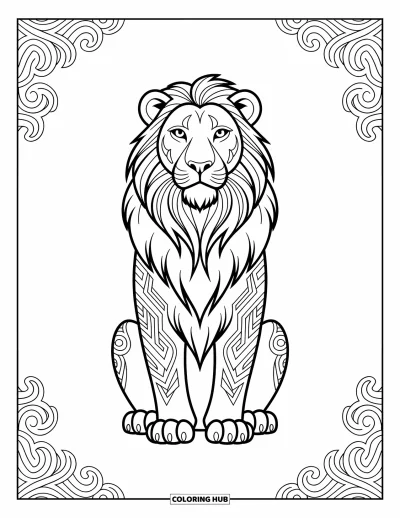 Coloriage de lion pour adultes : Un lion royal assis bien droit est couvert de motifs tribaux élégants et ondulants qui ajoutent profondeur et mouvement