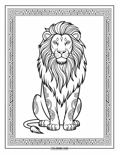 Coloriage de lion pour adultes : Un lion royal est assis bien droit, sa crinière déployée comme une couronne majestueuse