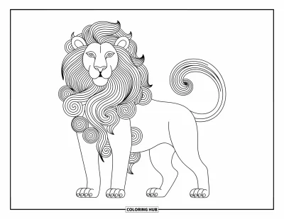 Coloriage de lion pour adultes : Un lion royal à la crinière fluide et décorative dégage élégance et force
