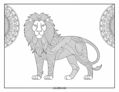 Coloriage de lion pour adultes : Un lion royal à la crinière faite de motifs complexes se tient fièrement, dégageant sagesse et force