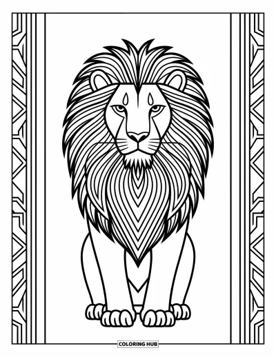 Coloriage de lion pour adultes : Un lion royal à la crinière ornée de motifs raffinés dégage force et élégance