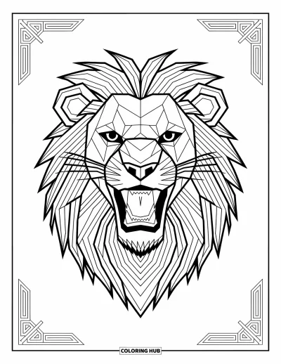 Coloriage de lion pour adultes : La tête d’un lion rugissant, riche en motifs géométriques, transmet puissance et intensité