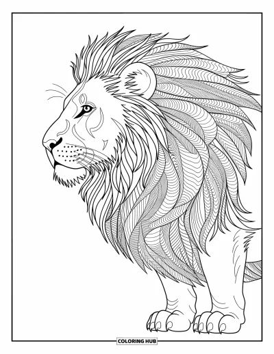 Coloriage de lion pour adultes : Un lion de profil à la crinière en filigrane associe élégance et motifs fluides minutieux