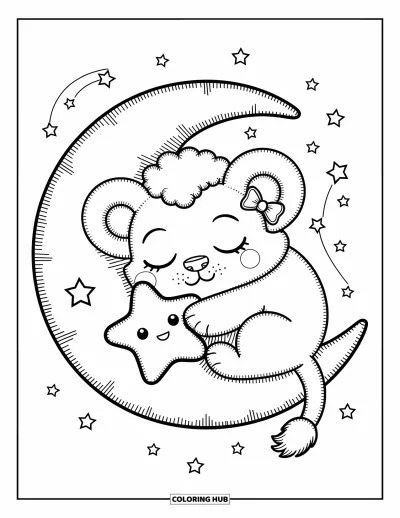 Coloriage de lion pour adultes : Un lionceau somnolent s’assoupit sur un coussin en croissant, enlaçant une étoile en peluche au milieu de petites étincelles