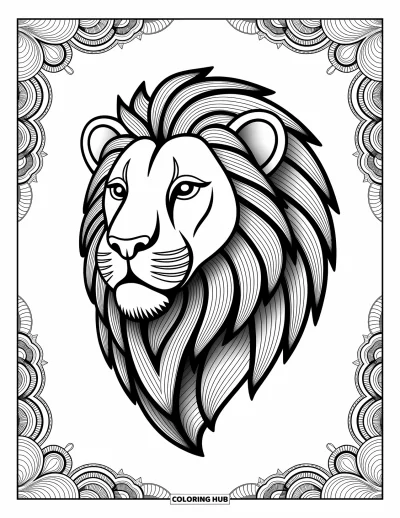 Coloriage de lion pour adultes : Un lion stylisé à la crinière plumeuse est entouré de motifs artistiques délicats