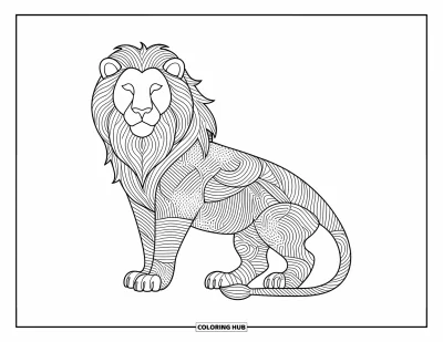Coloriage de lion pour adultes : Un lion stylisé à la crinière fluide est orné de détails délicats et envoûtants