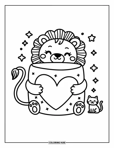Coloriage de lion pour adultes : Un tout petit lion s’accroche à un énorme marshmallow, sa queue formant un cœur dans une scène douce et apaisante