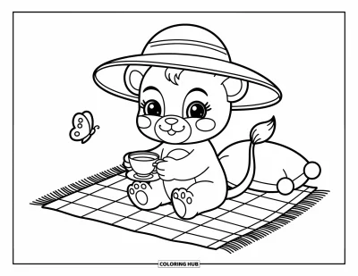 Coloriage de lion pour adultes : Un tout petit lion profite d’un pique-nique paisible, la queue enroulée autour d’un coussin pendant qu’un papillon vole près de lui