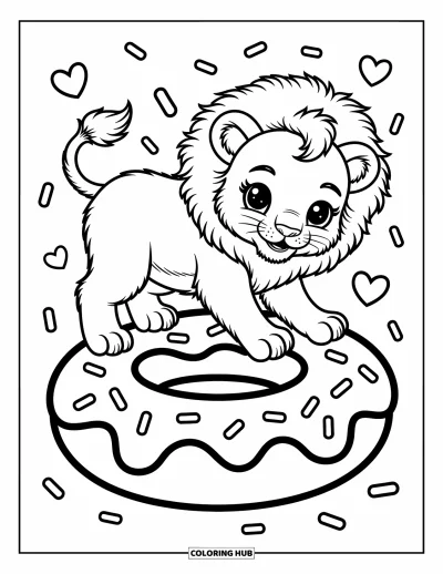 Coloriage de lion pour adultes : Un tout petit lion agrippe un donut bancal, entouré de cœurs flottants et de vermicelles joyeux