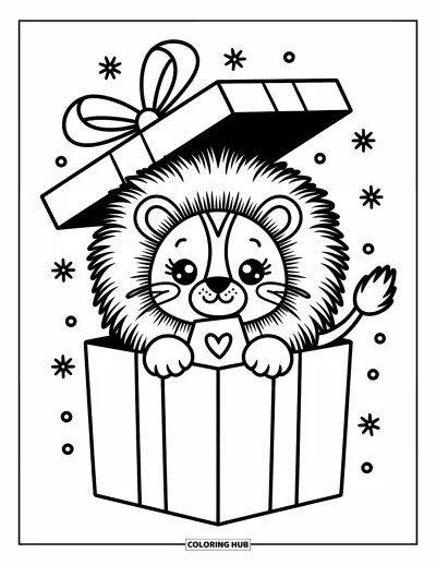 Coloriage de lion pour adultes : Un tout petit lion est assis dans une grande boîte cadeau, ses pattes tenant une petite note en forme de cœur dans une scène festive