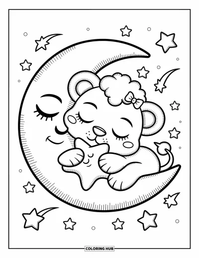 Coloriage de lion pour adultes : Un tout petit lion avec une couronne inclinée se tient sur un nuage, créant des étincelles flottantes avec une baguette étoilée