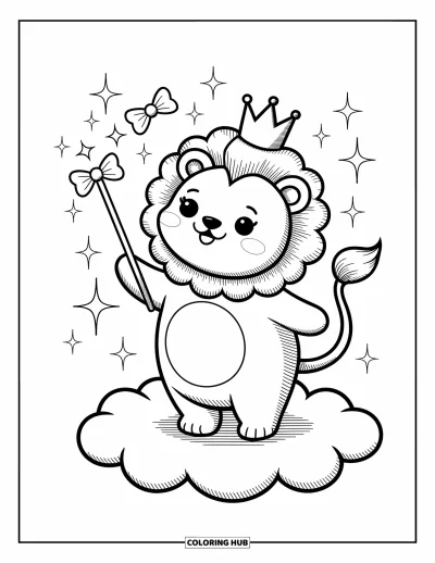 Coloriage de lion pour adultes : Un tout petit lion à la couronne inclinée se tient sur un nuage, balayant l’air avec une baguette magique pour créer des étoiles flottantes