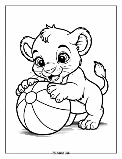 Coloriage de lion pour enfants : Un bébé lion serre une balle, ses grands yeux pleins d’excitation et de curiosité