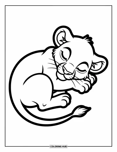 Coloriage de lion pour enfants : Un bébé lionceau se blottit, sa queue enroulée bien serrée autour de son petit corps
