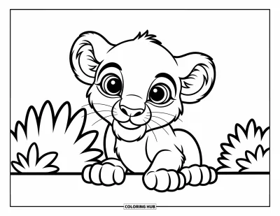 Coloriage de lion pour enfants : Un bébé lion sort derrière un buisson, ses grands yeux remplis de curiosité joyeuse