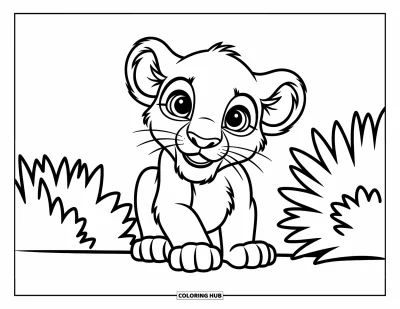 Coloriage de lion pour enfants : Un bébé lion sort derrière un buisson, ses grands yeux remplis de curiosité joyeuse