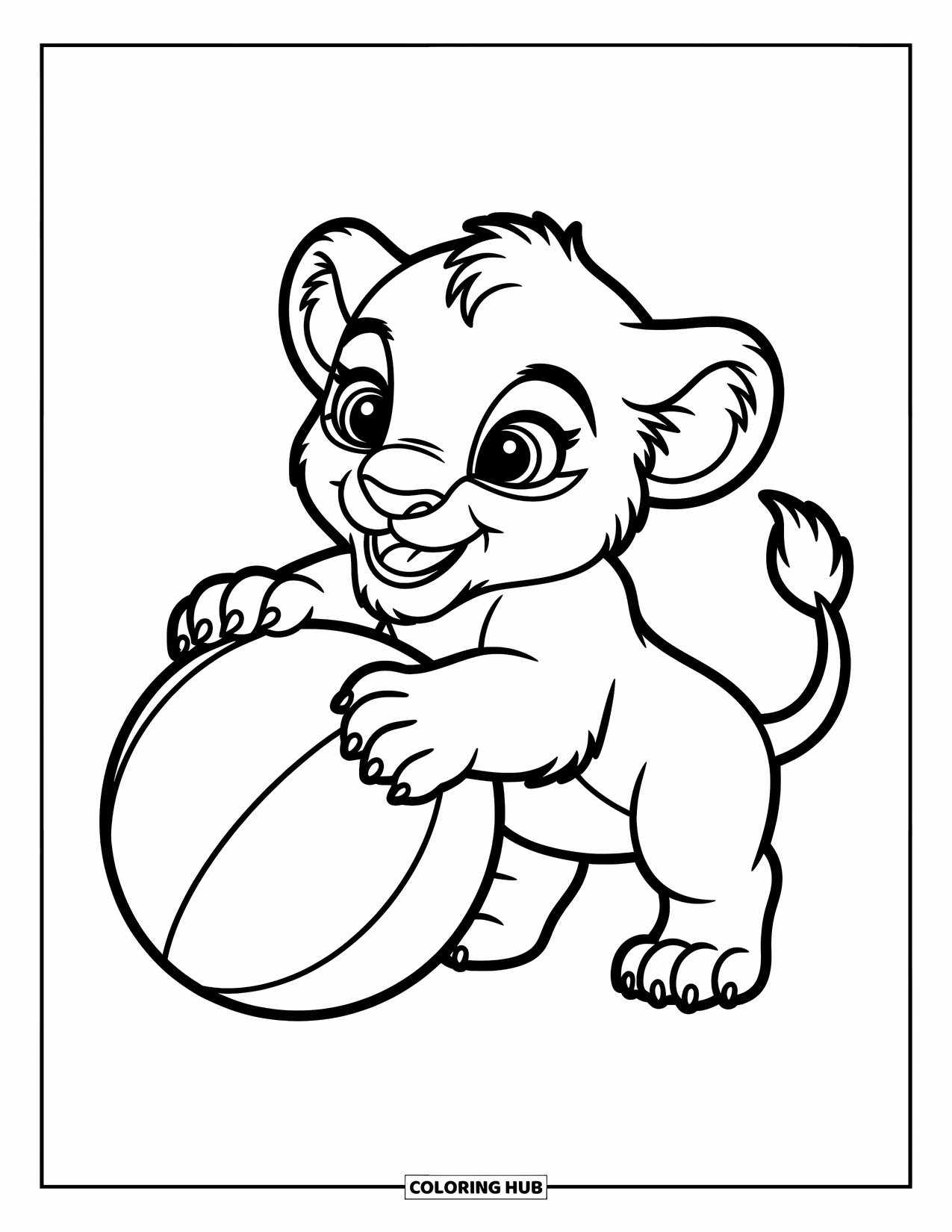 Lion Coloring Page for Kids: A baby lion playfully grips a big ball, its tiny paws wrapped around it with excitement