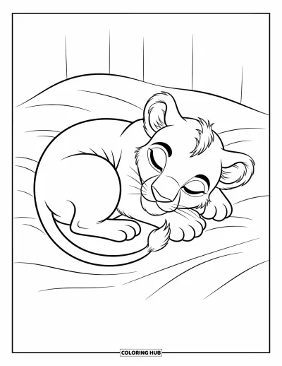 Coloriage de lion pour enfants : Un bébé lion dort profondément, la queue repliée près de lui dans une posture paisible
