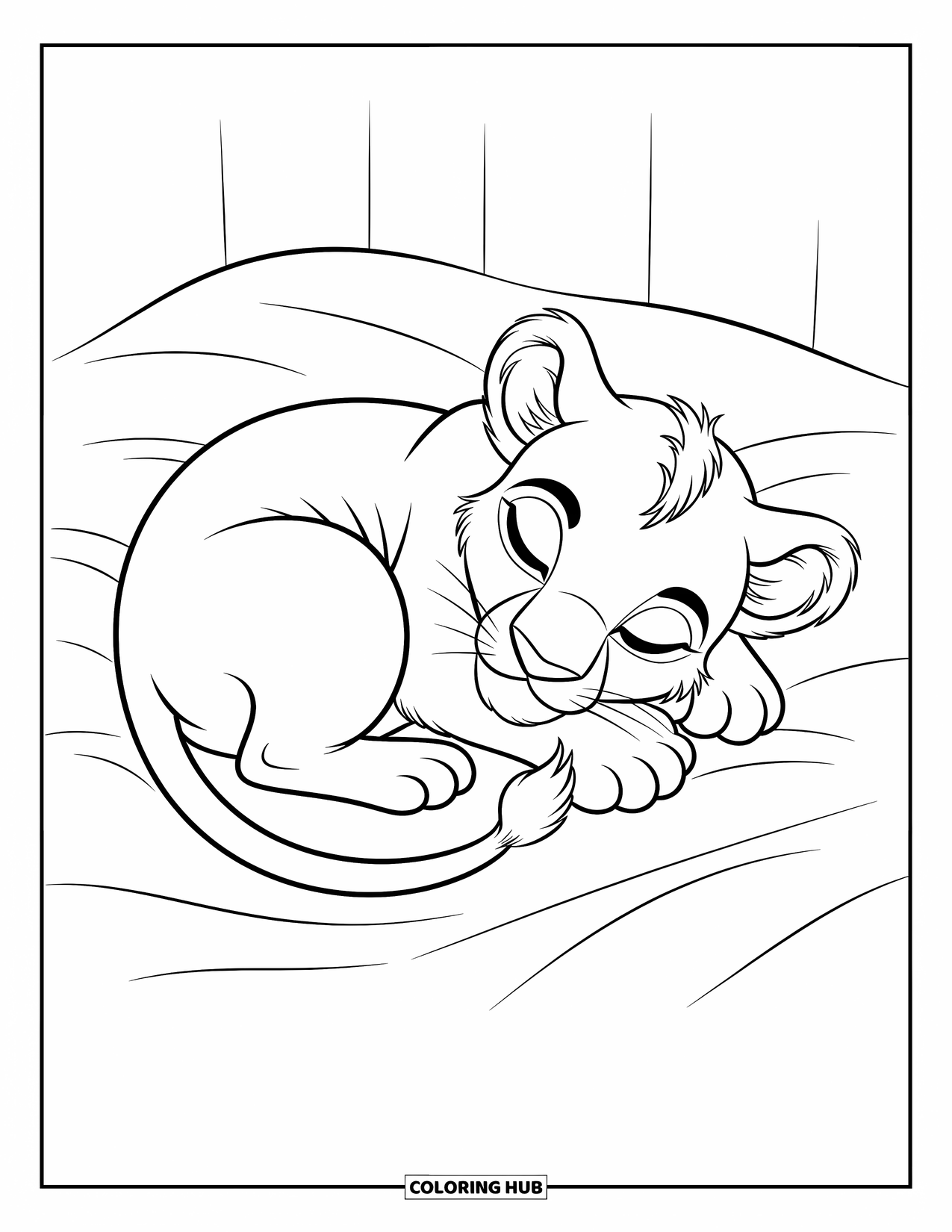 Lion Coloring Page for Kids: A baby lion sleeps soundly, its tail tucked close in a warm, peaceful pose