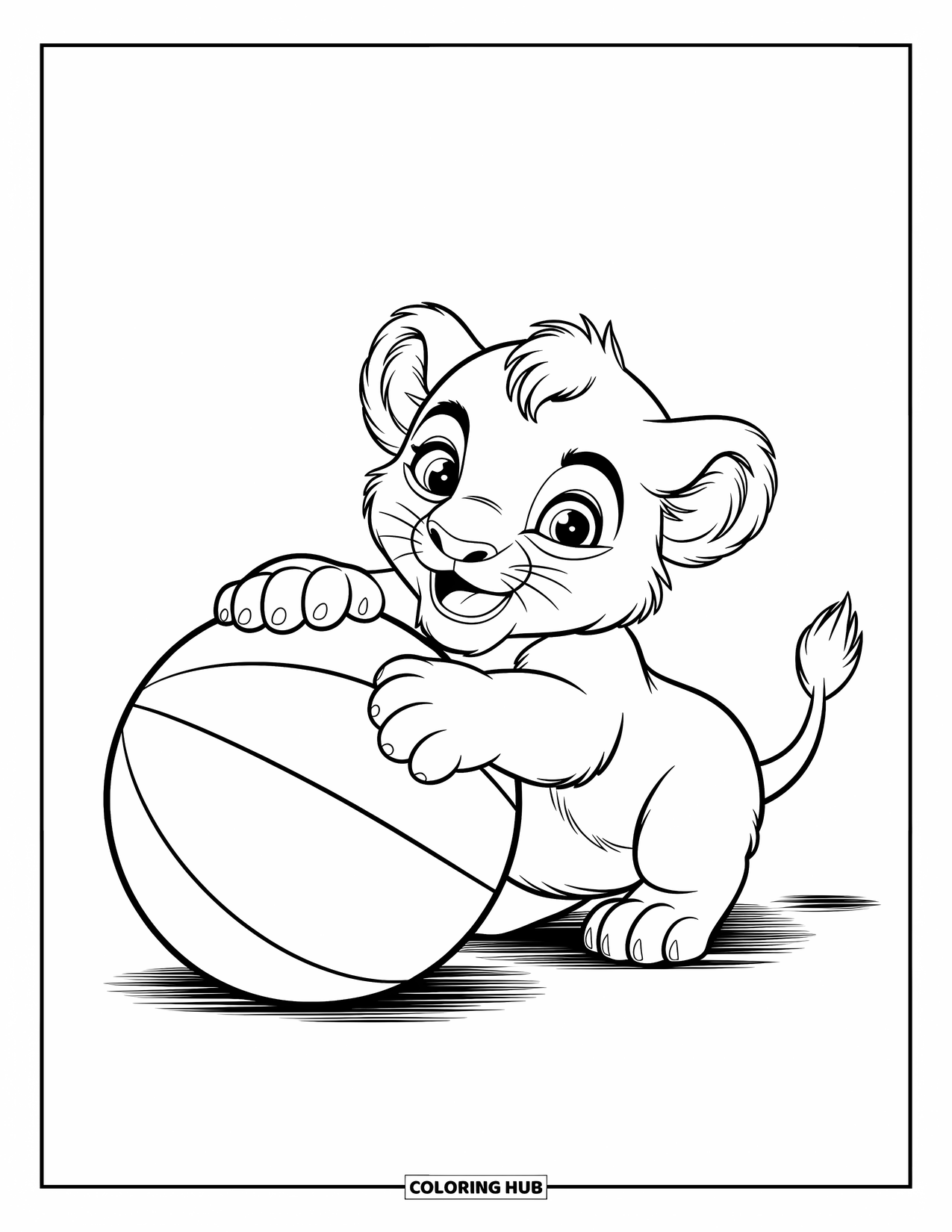 Lion Coloring Page for Kids: A cheerful lion cub rolls a large ball, its playful expression full of joy