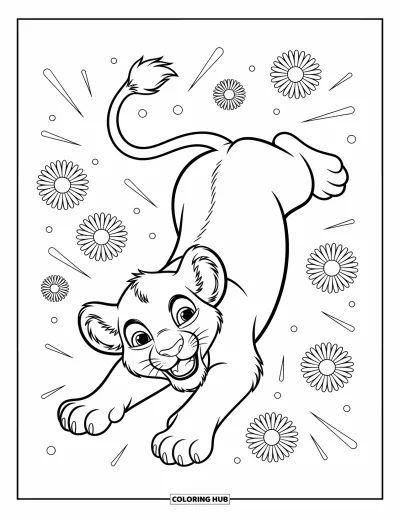 Coloriage de lion pour enfants : Un lionceau joyeux roule sur le dos, entouré de fleurs simples et d’herbe tendre